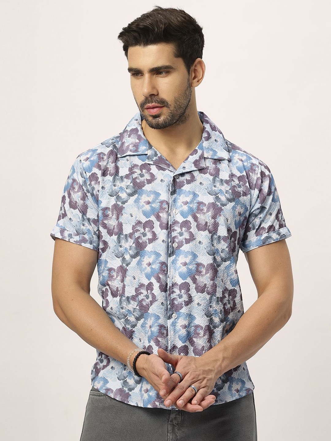 N AND J Men Relaxed Floral Opaque Printed Casual Shirt, Purple