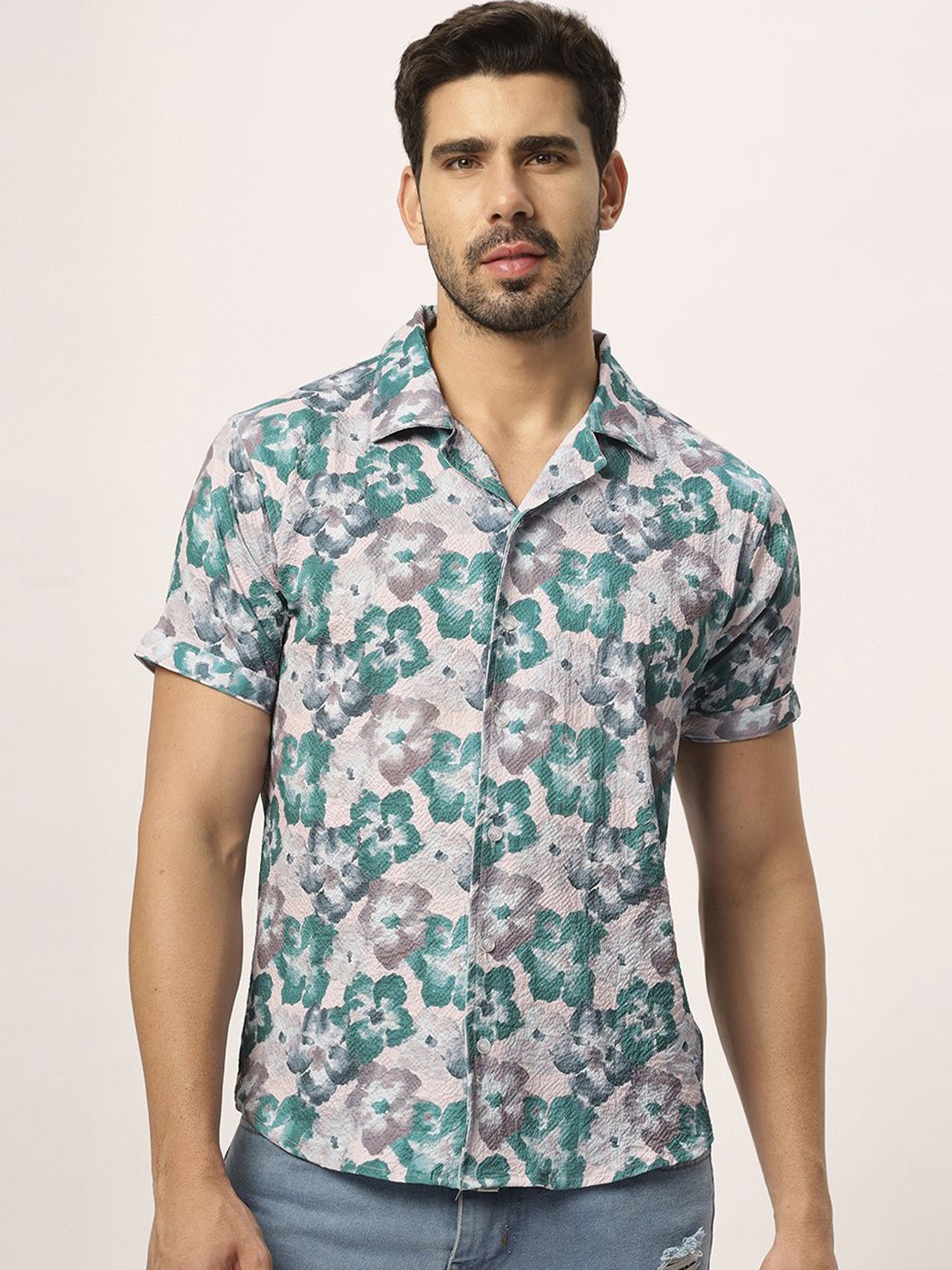 

N AND J Men Relaxed Floral Opaque Printed Casual Shirt, Green