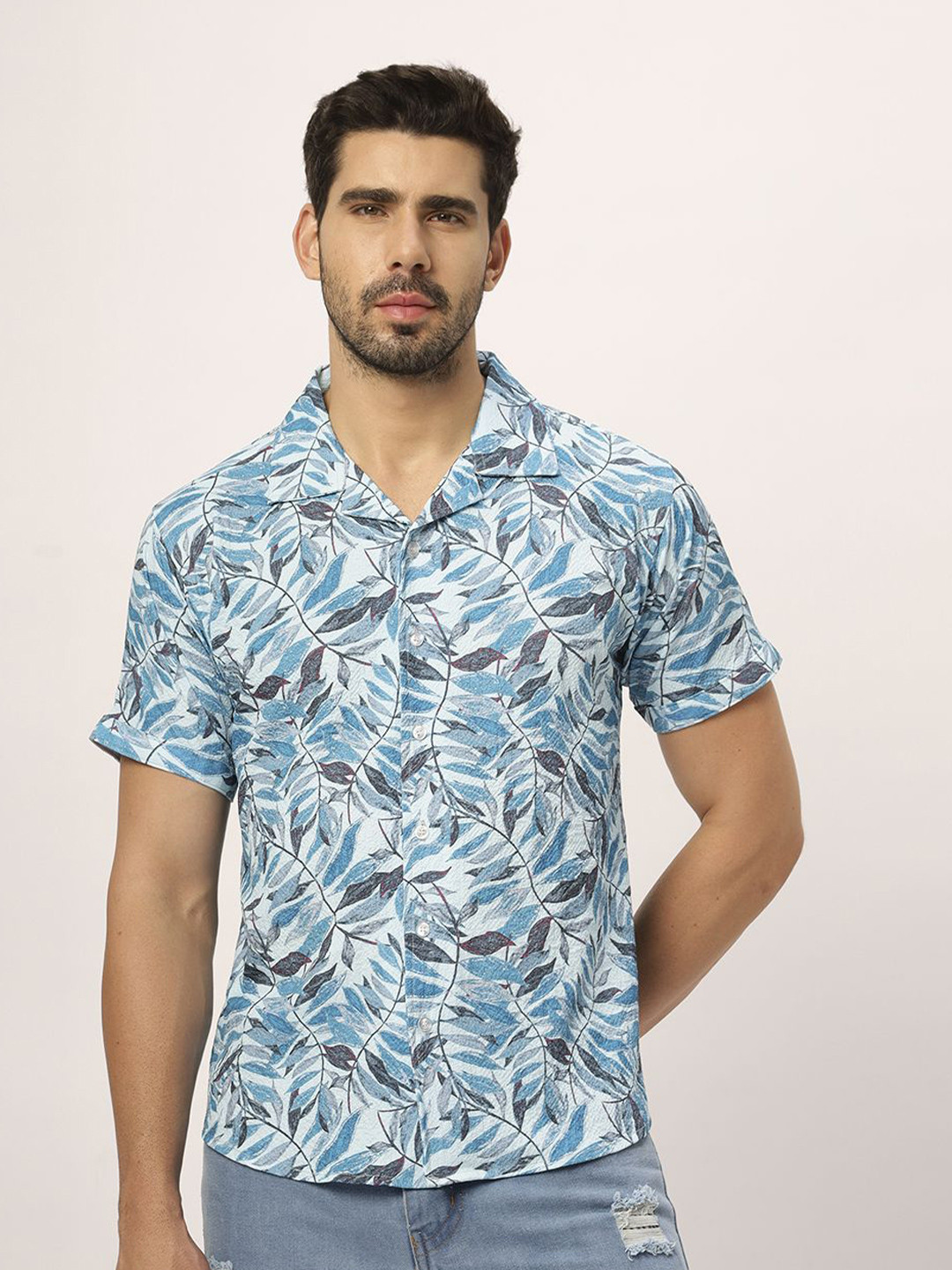 

N AND J Men Relaxed Floral Opaque Printed Casual Shirt, Blue