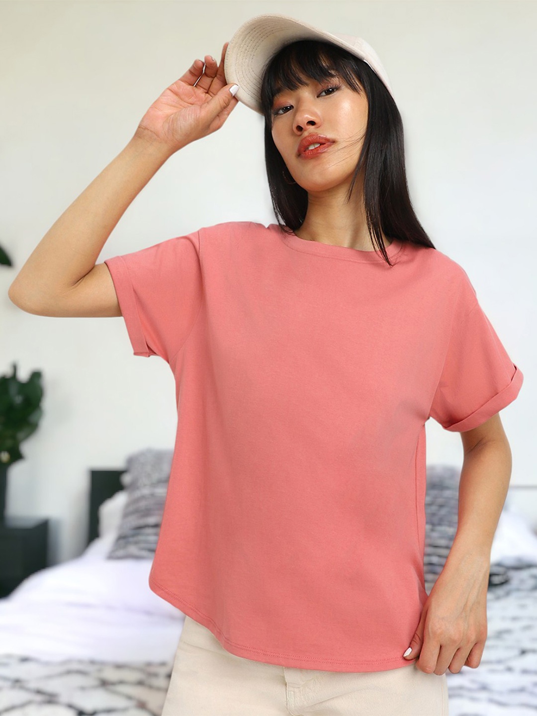 

JUNEBERRY Women Polo Collar Drop-Shoulder Sleeves Pure Cotton Pockets Oversized Tshirt, Peach