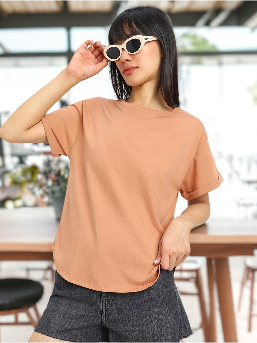 

JUNEBERRY Women Drop-Shoulder Sleeves Pure Cotton Pockets Oversized Tshirt, Brown