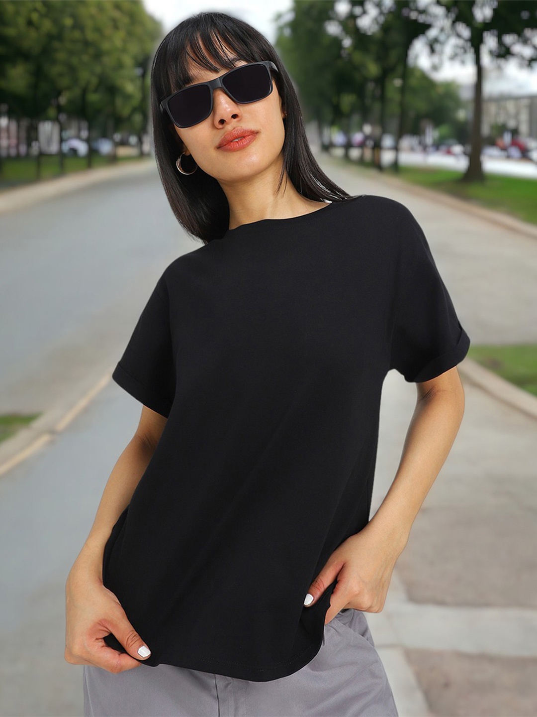 

JUNEBERRY Women Drop-Shoulder Sleeves Pure Cotton Pockets T-shirt, Black