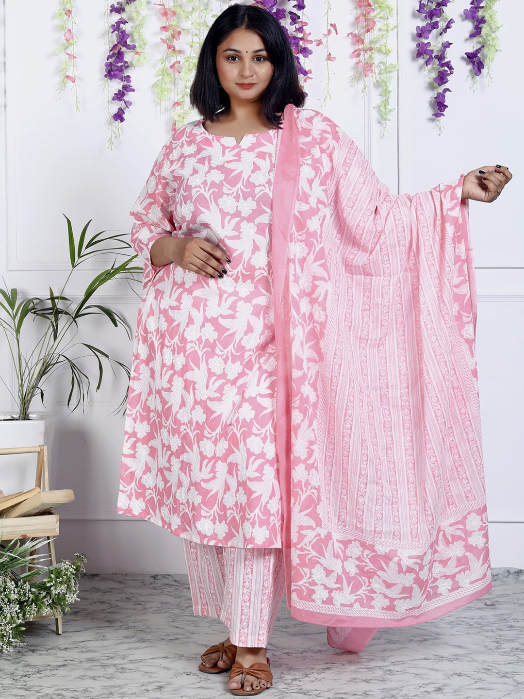 

Swasti Women Floral Printed Regular Sequinned Pure Cotton Kurta with Trousers & With Dupatta, Pink