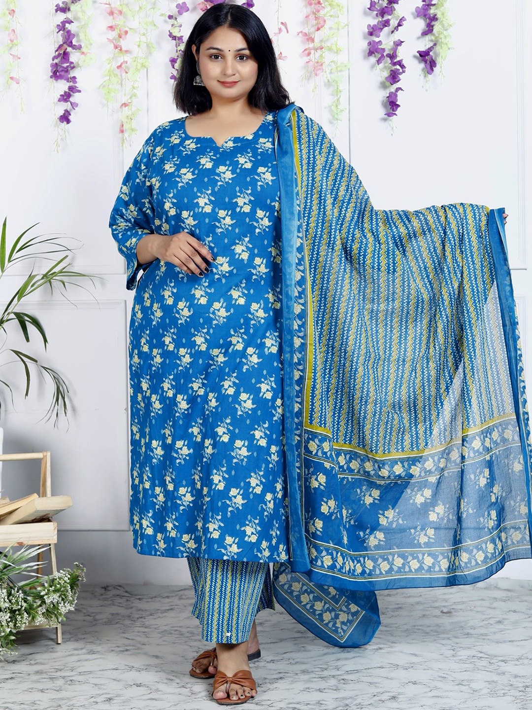 Swasti Women Floral Printed Regular Sequinned Pure Cotton Kurta with Trousers & With Dupatta, Blue