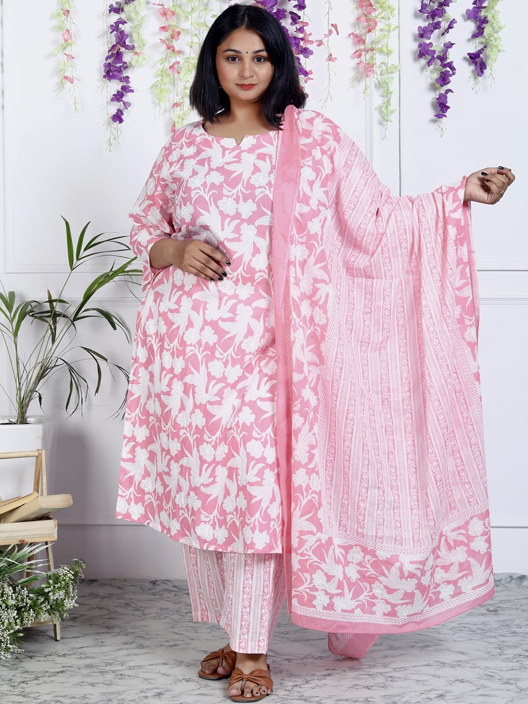 

KALINI Women Floral Printed Regular Sequinned Pure Cotton Kurta with Trousers & With Dupatta, Pink