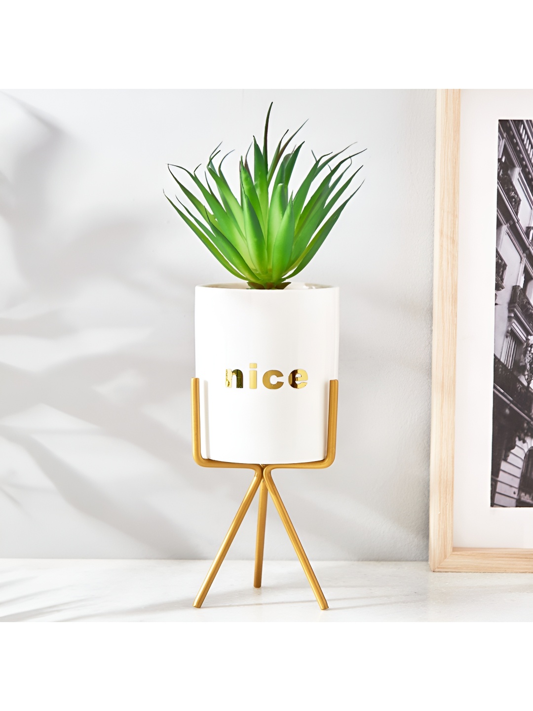 

Home Centre White Printed Ceramic Planter With Holder