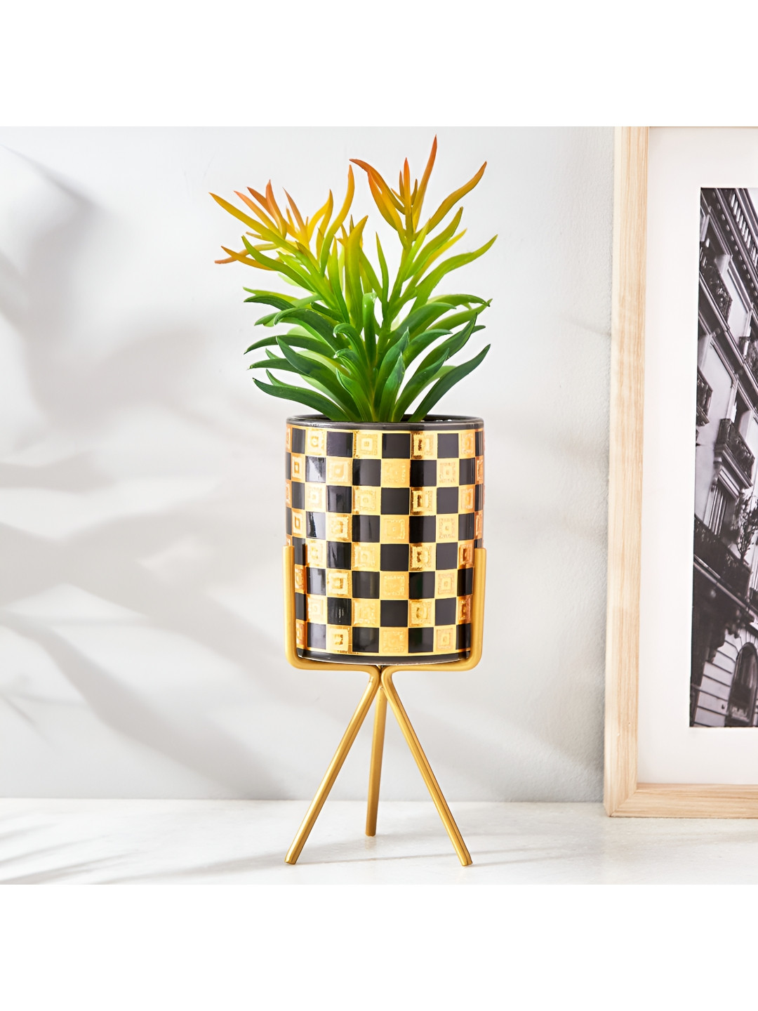 

Home Centre Black Ceramic Planter With Holder, Gold