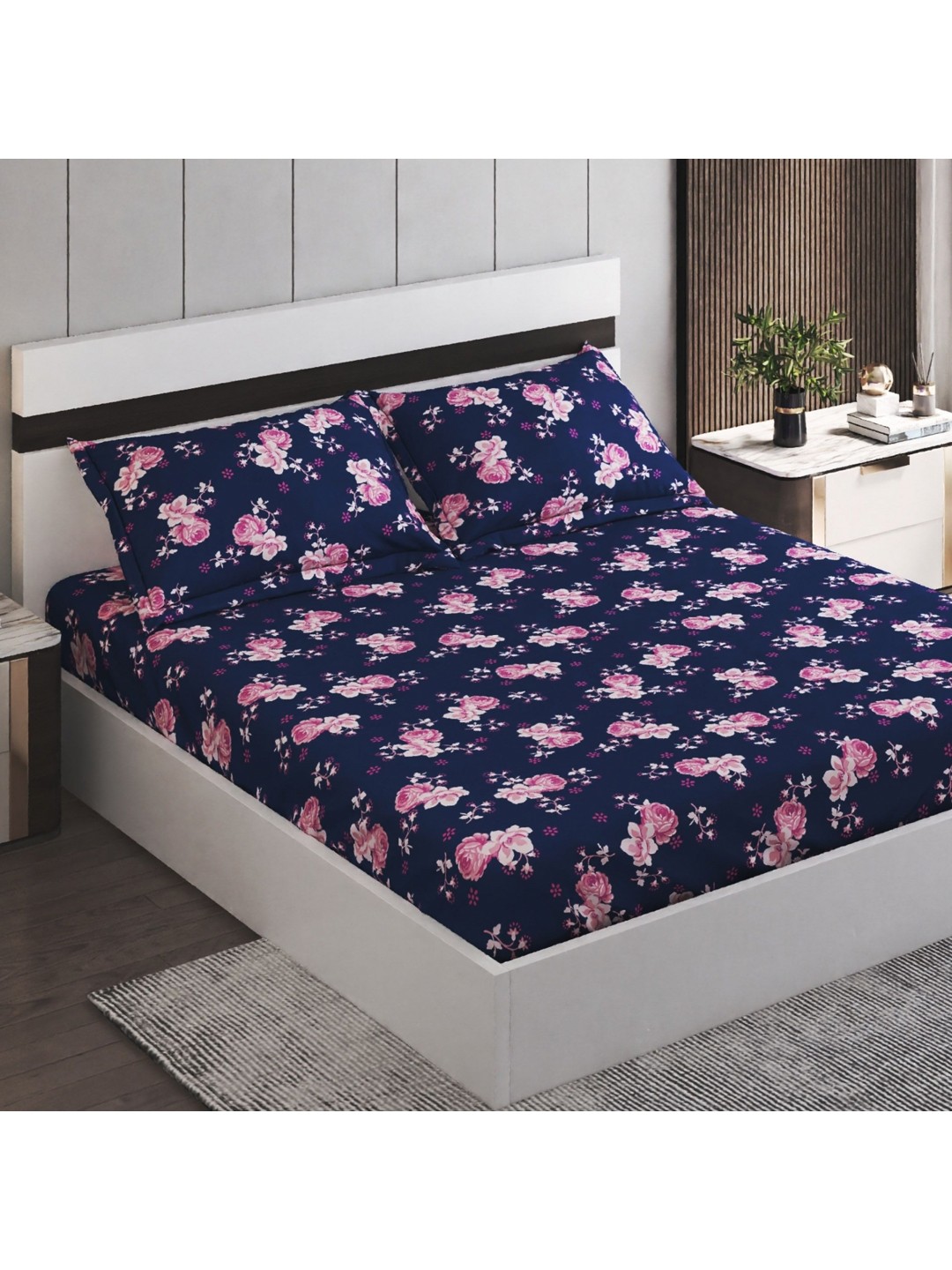 

Home Centre Blue & Pink Floral 144 TC Queen Bedsheet with 2 Pillow Covers