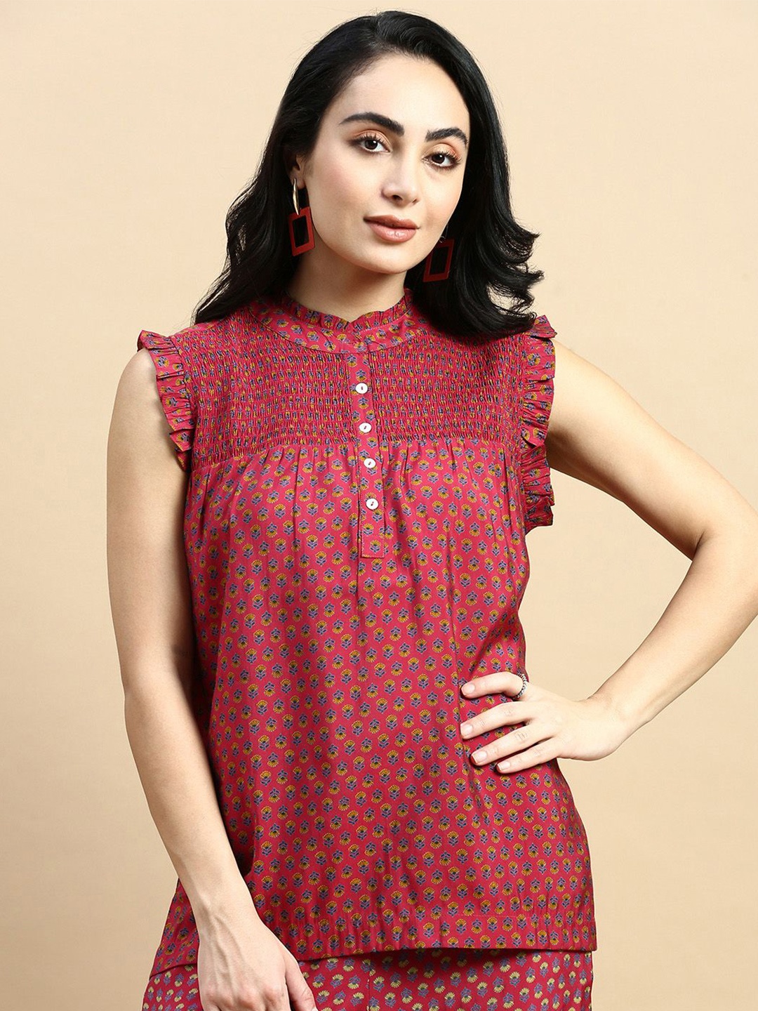 

De Moza Geometric Print Mandarin Collar Flutter Sleeve Crepe Top, Maroon