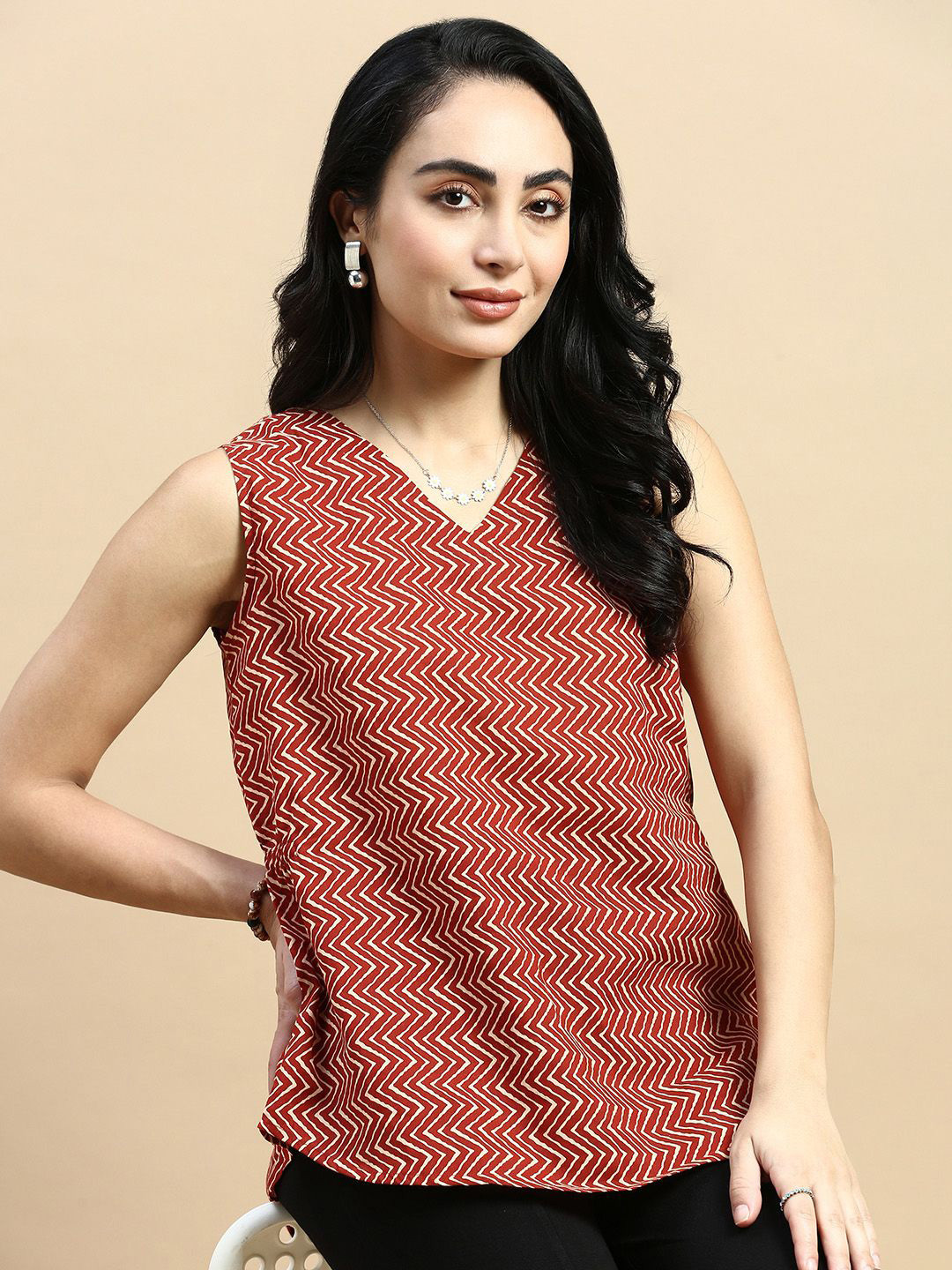 

De Moza Geometric Print Cotton Top, Brown