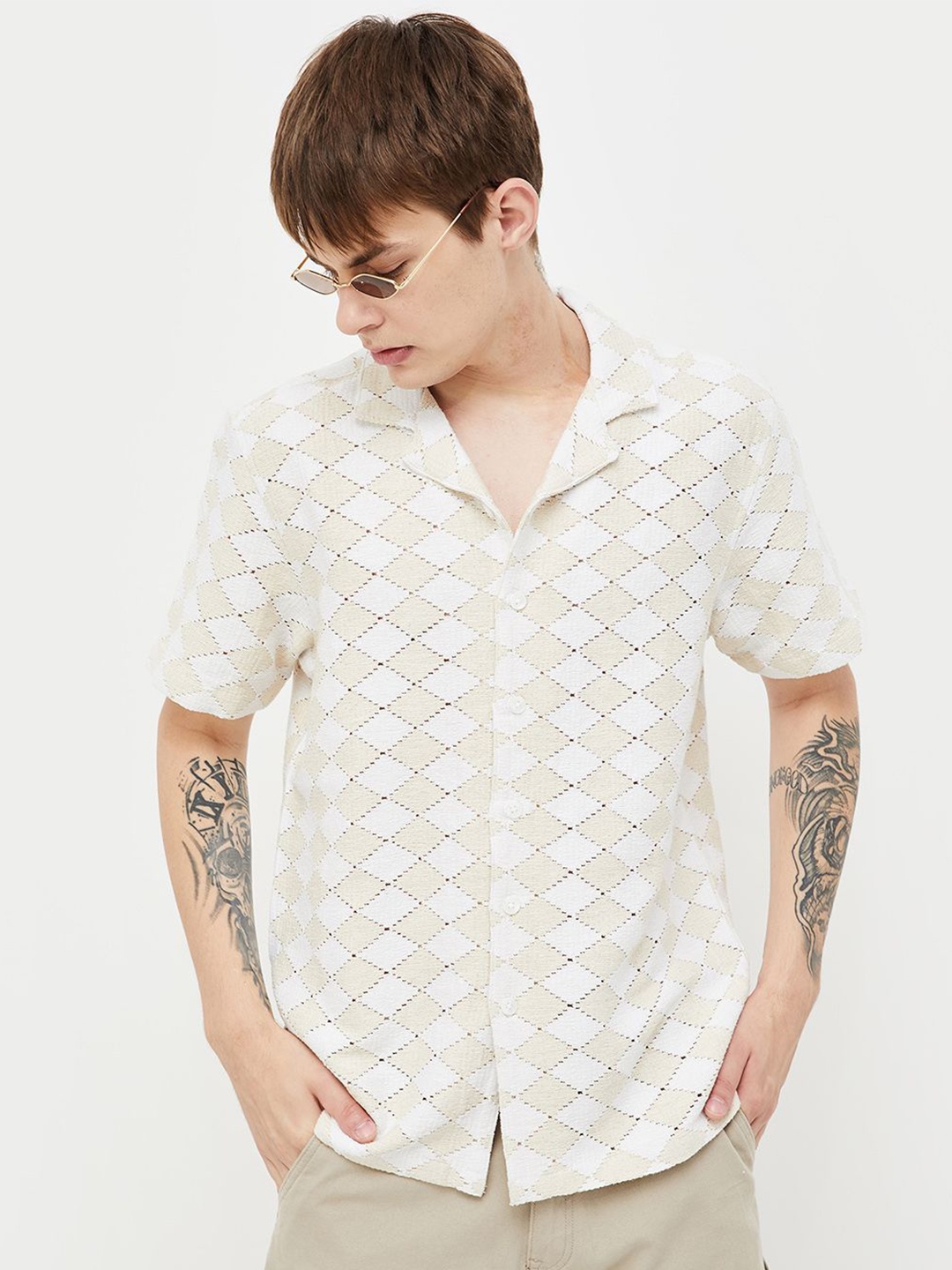 Forca by Lifestyle Men Opaque Printed Casual Shirt, Beige