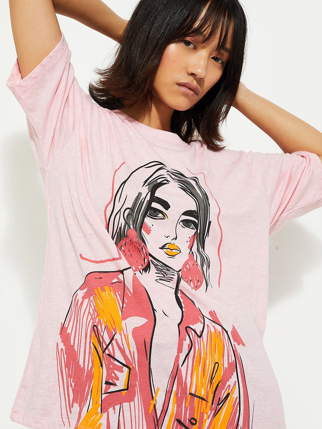 

max URB_N Women Oversized Graphic Printed T-shirt, Pink