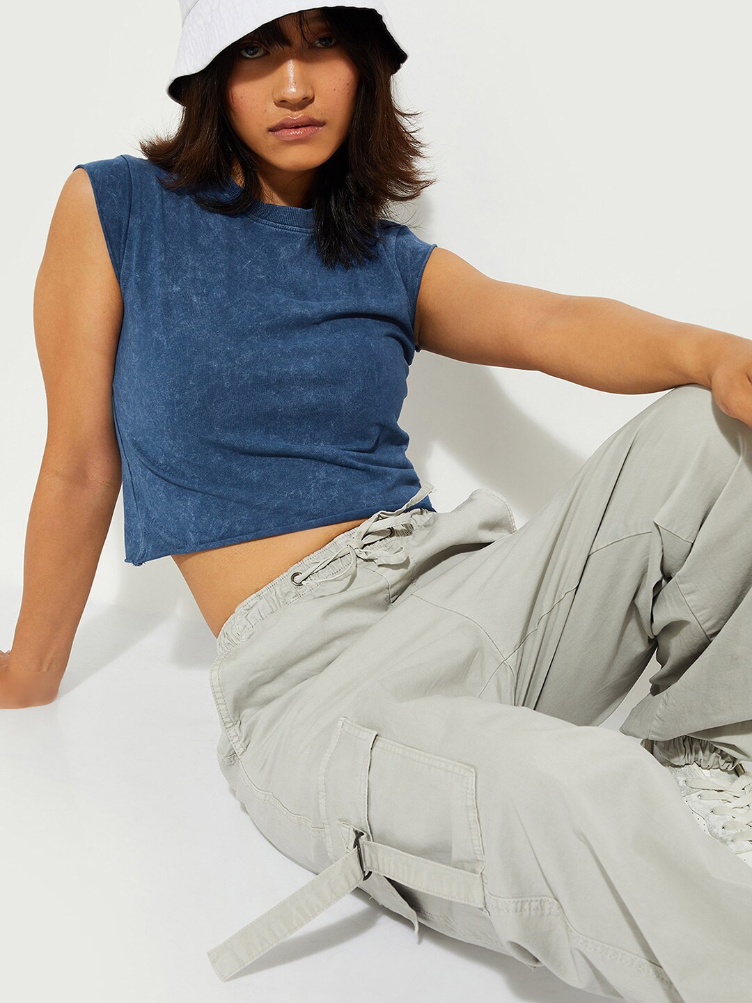 

max URB_N Women Acid Washed Cropped T-shirt, Blue