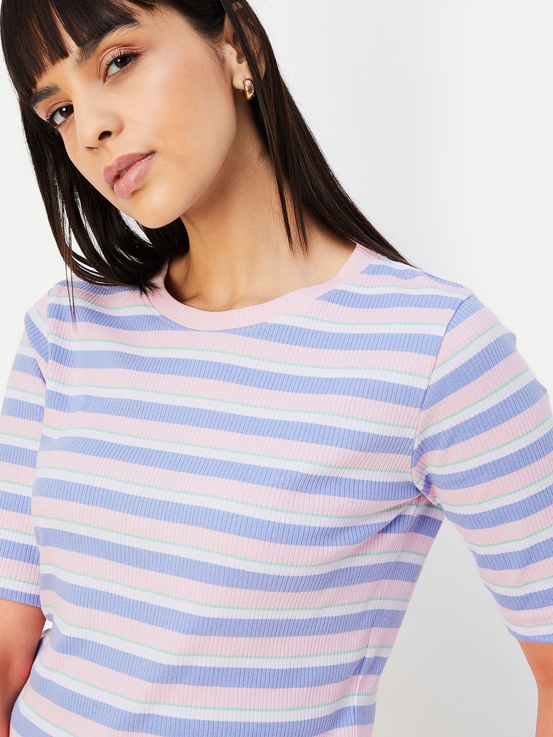 

max Women Striped V-Neck Extended Sleeves Pockets T-shirt, Purple