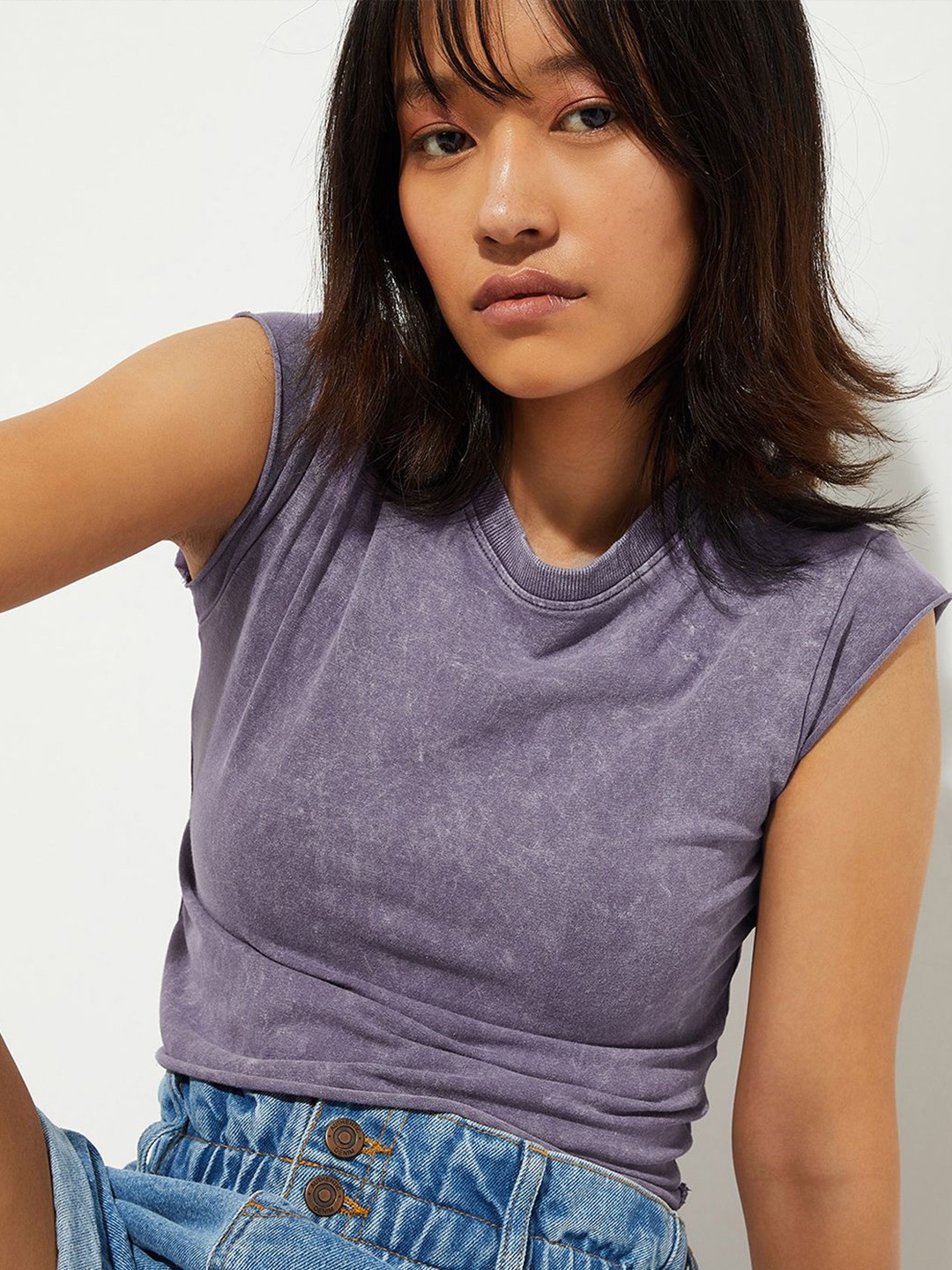 

max URB_N Women Acid Washed Cropped T-shirt, Purple