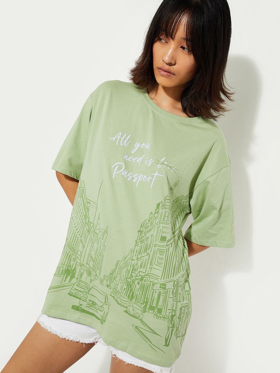 

max URB_N Women Oversized Graphic Printed T-shirt, Green