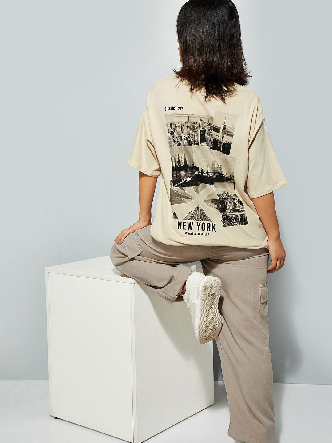

max URB_N Women Oversized Back Printed T-shirt, Beige