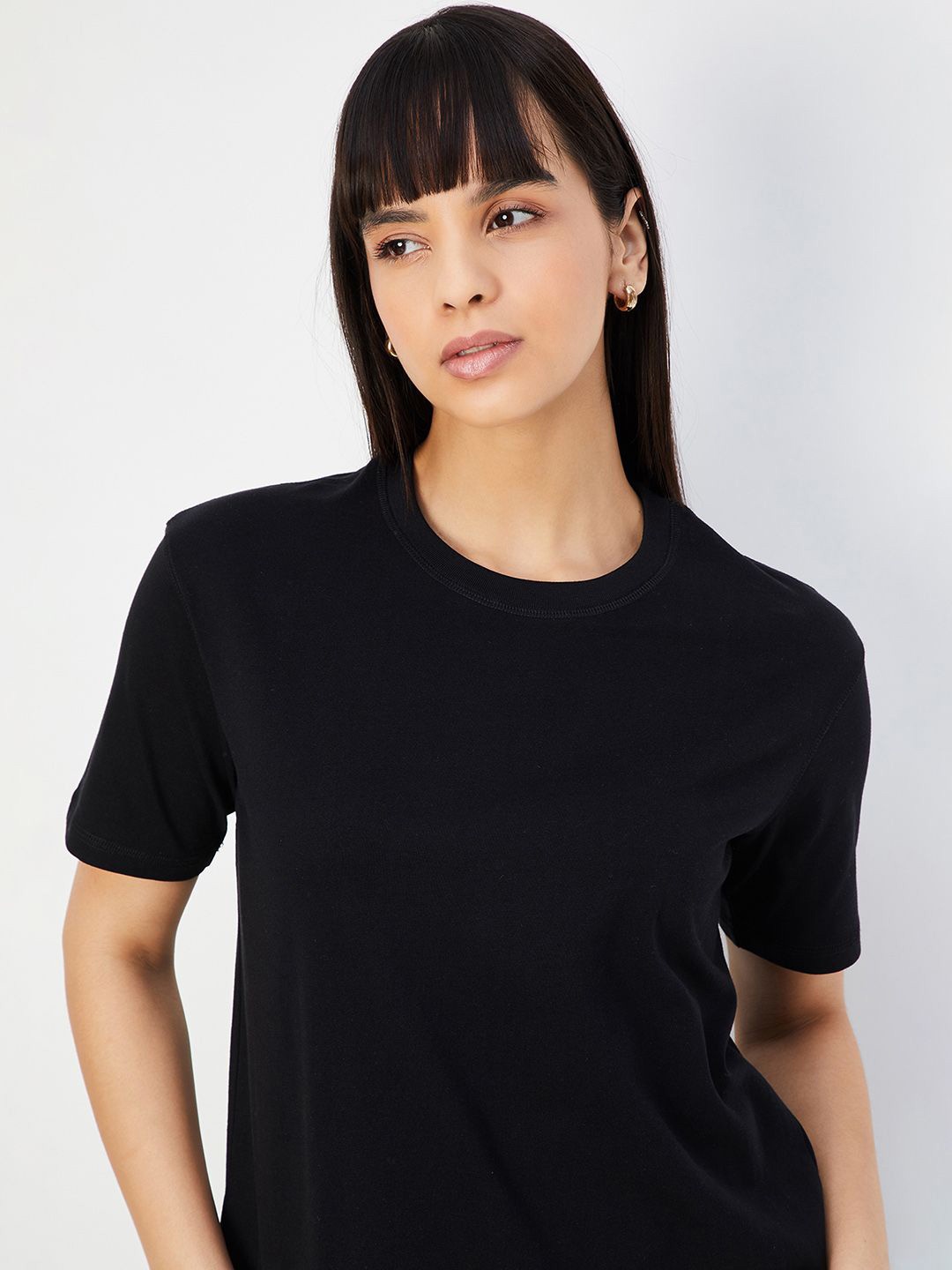 

max Women Drop-Shoulder Sleeves Raw Edge T-shirt, Black