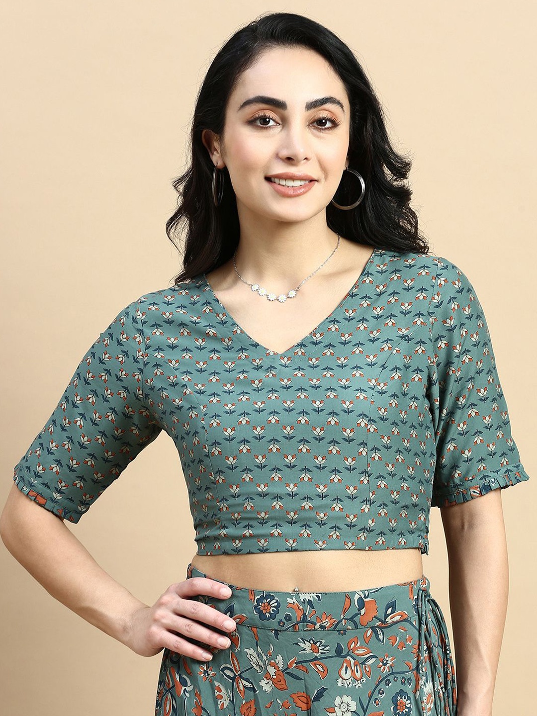 

De Moza Printed Saree Blouse, Green
