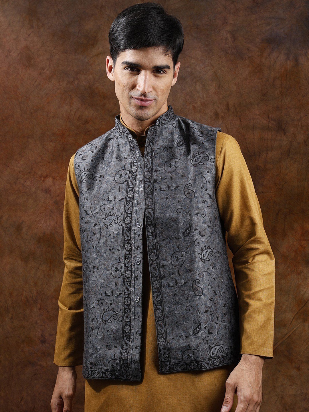Exotic India Men Wool Jamawar Kani Paiselys Jaal Weave Nehru Jacket, Grey