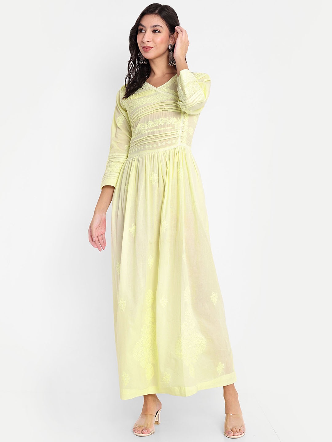

Indiankala4u Women Cold-Shoulder Sleeves Thread Work Anarkali Kurta, Cream
