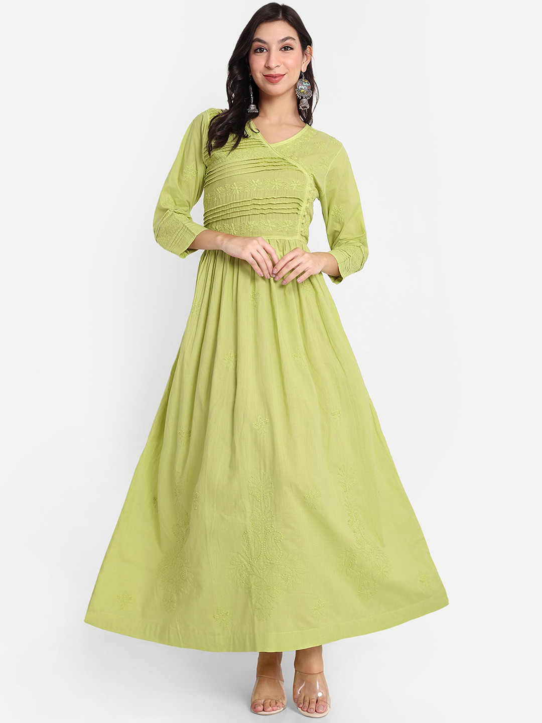 

Indiankala4u Women Flared Sleeves Patchwork Anarkali Kurta, Green