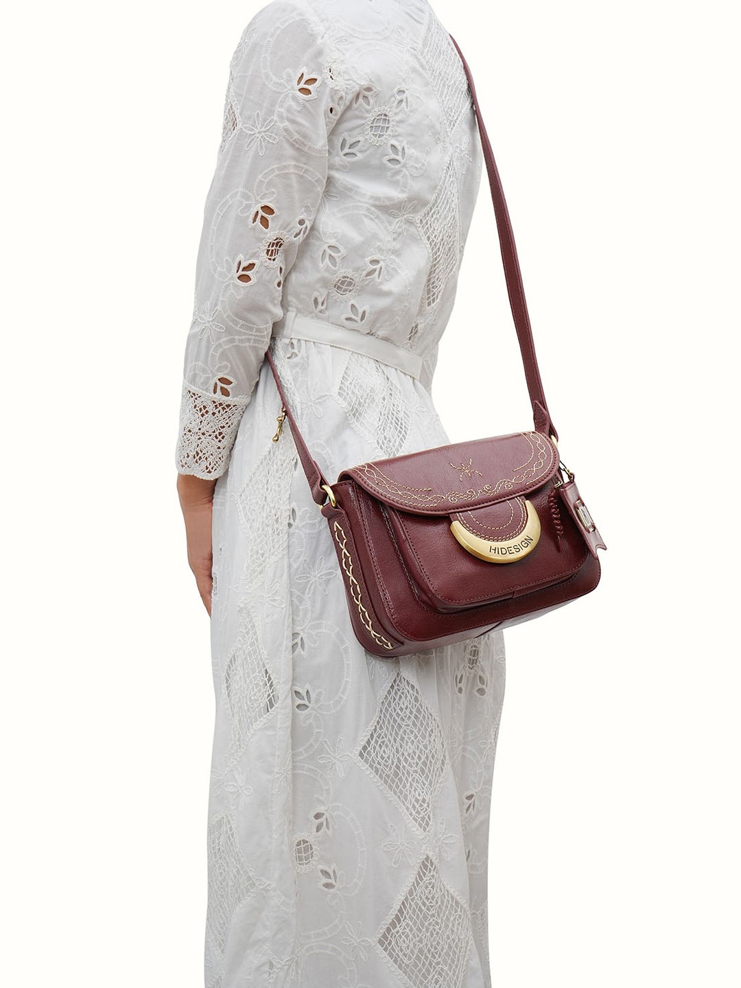 

Hidesign Bedouin 01 Textured Embroidered Structured Leather Sling Bag, Red