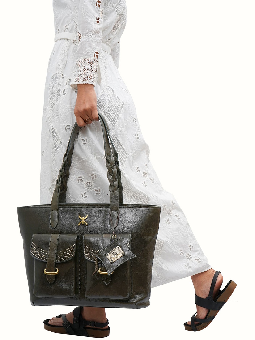 

Hidesign Bedouin 04 Oversized Textured Leather Shopper Tote Bag, Olive