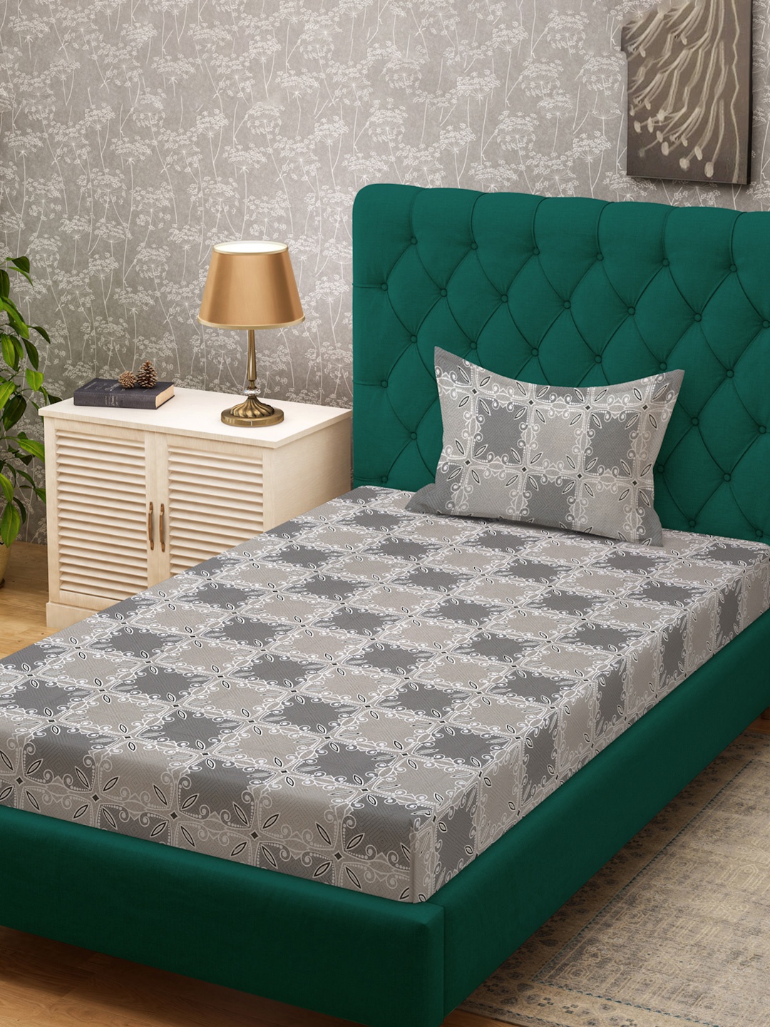 

KLOTTHE Grey Floral Printed Pure Cotton 400 TC Single Bedsheet With Pillow Cover