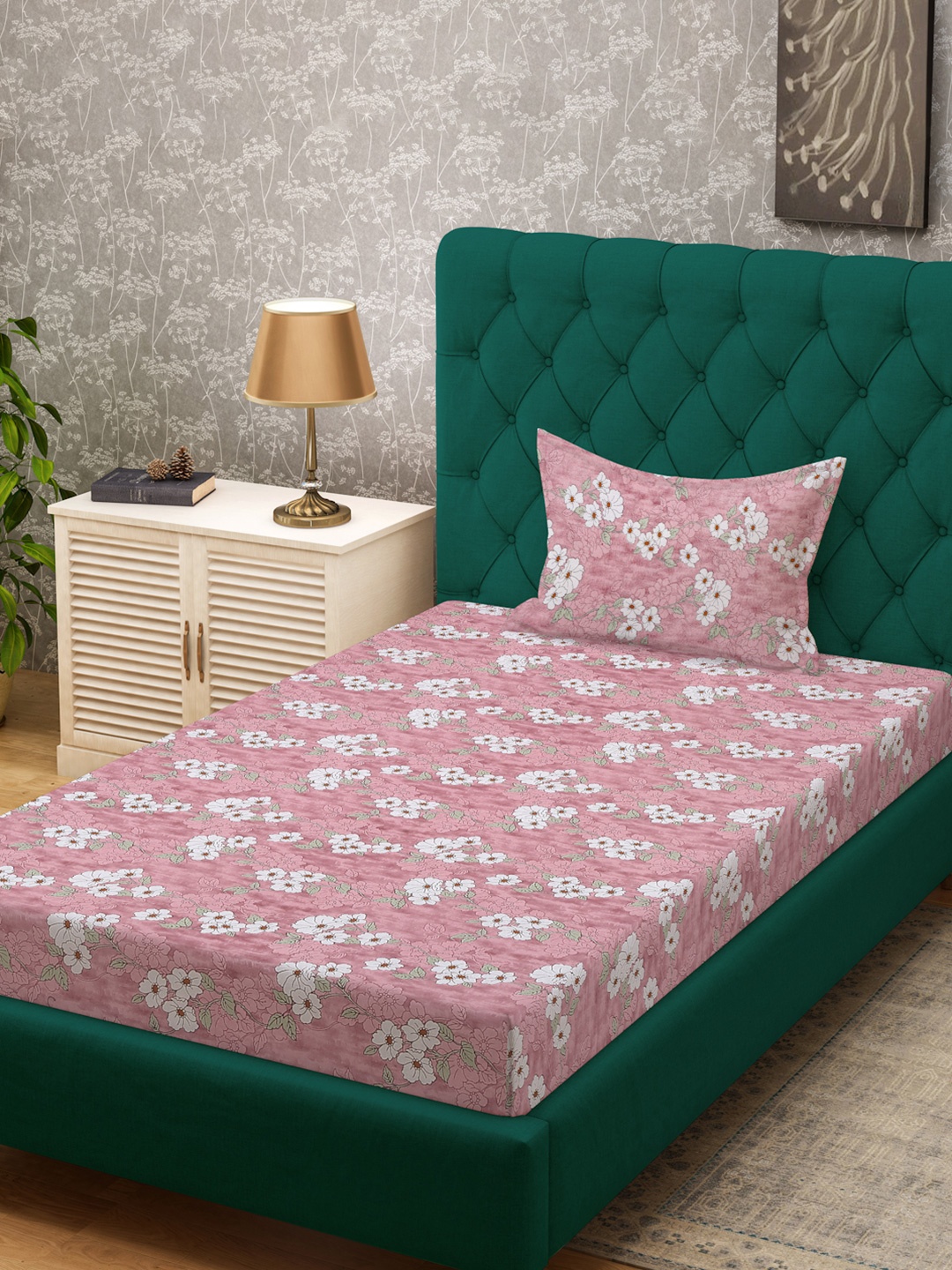 

KLOTTHE Pink Floral Printed Pure Cotton 400 TC Single Bedsheet With Pillow Cover