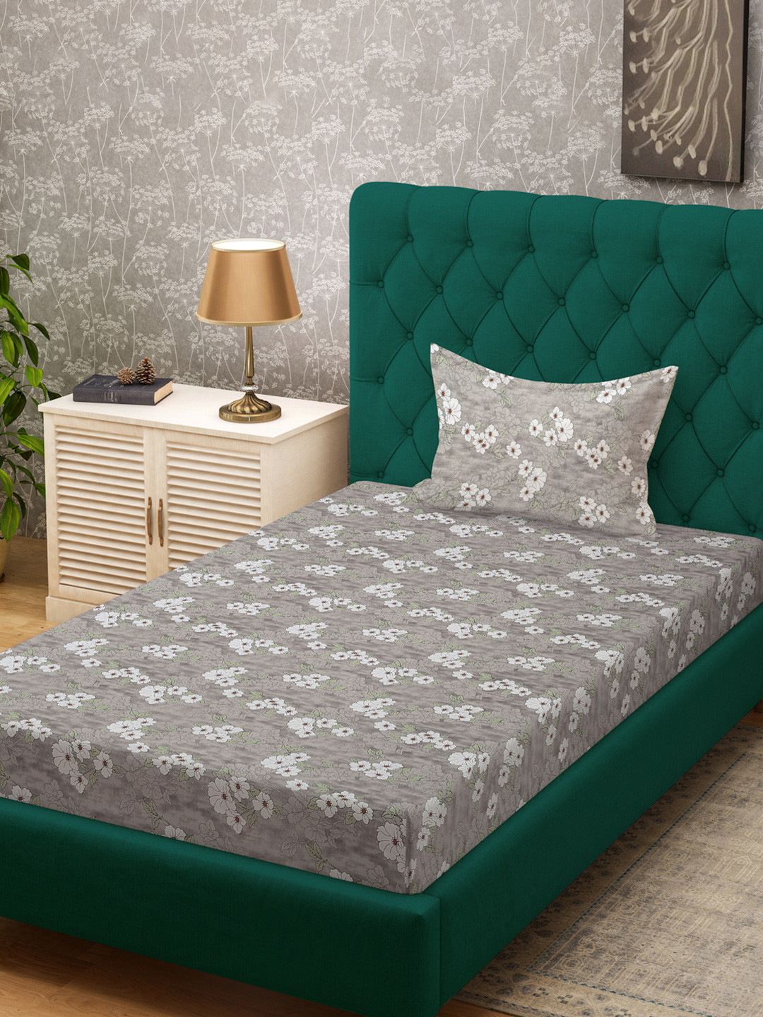 

KLOTTHE Grey Floral Printed Pure Cotton 400 TC Single Bedsheet With Pillow Cover