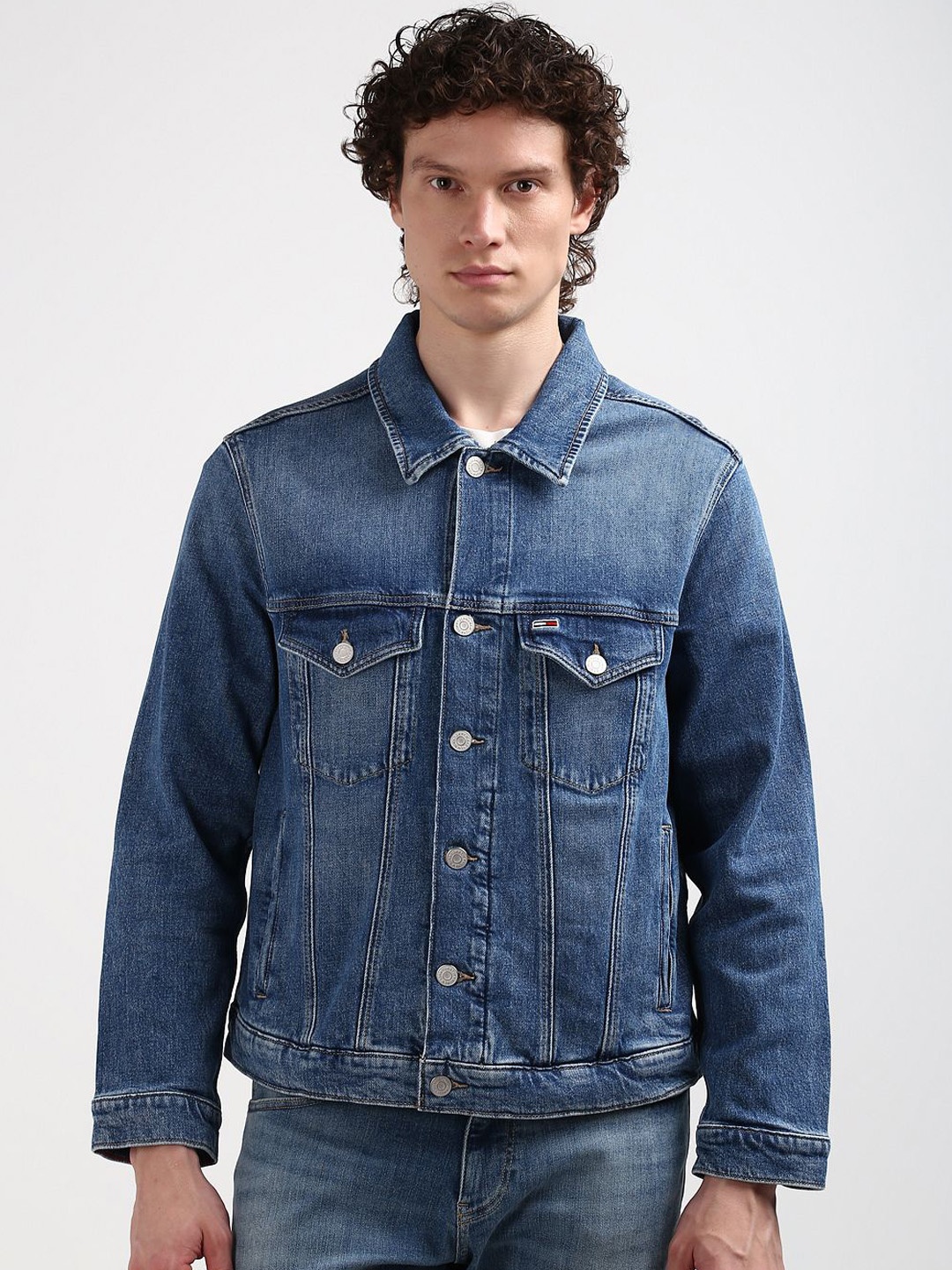 

Tommy Hilfiger Men Washed Crop Denim Jacket with Embroidered, Blue