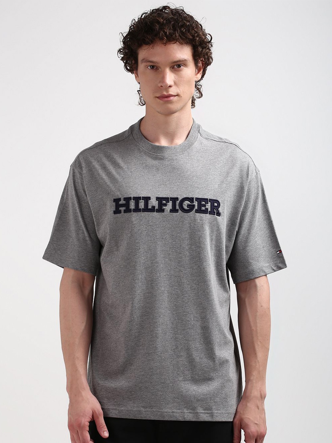 Tommy Hilfiger Men Typography Printed Mandarin Collar Pockets T-shirt, Grey