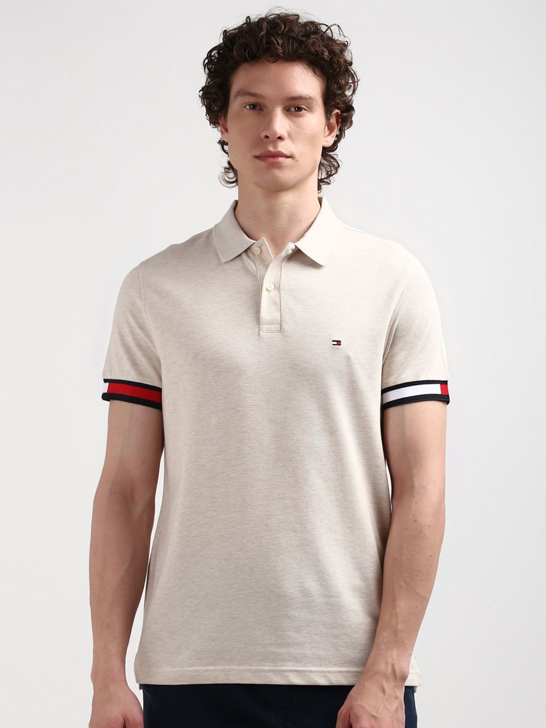 

Tommy Hilfiger Men Polo Collar Applique Slim Fit T-shirt, Beige