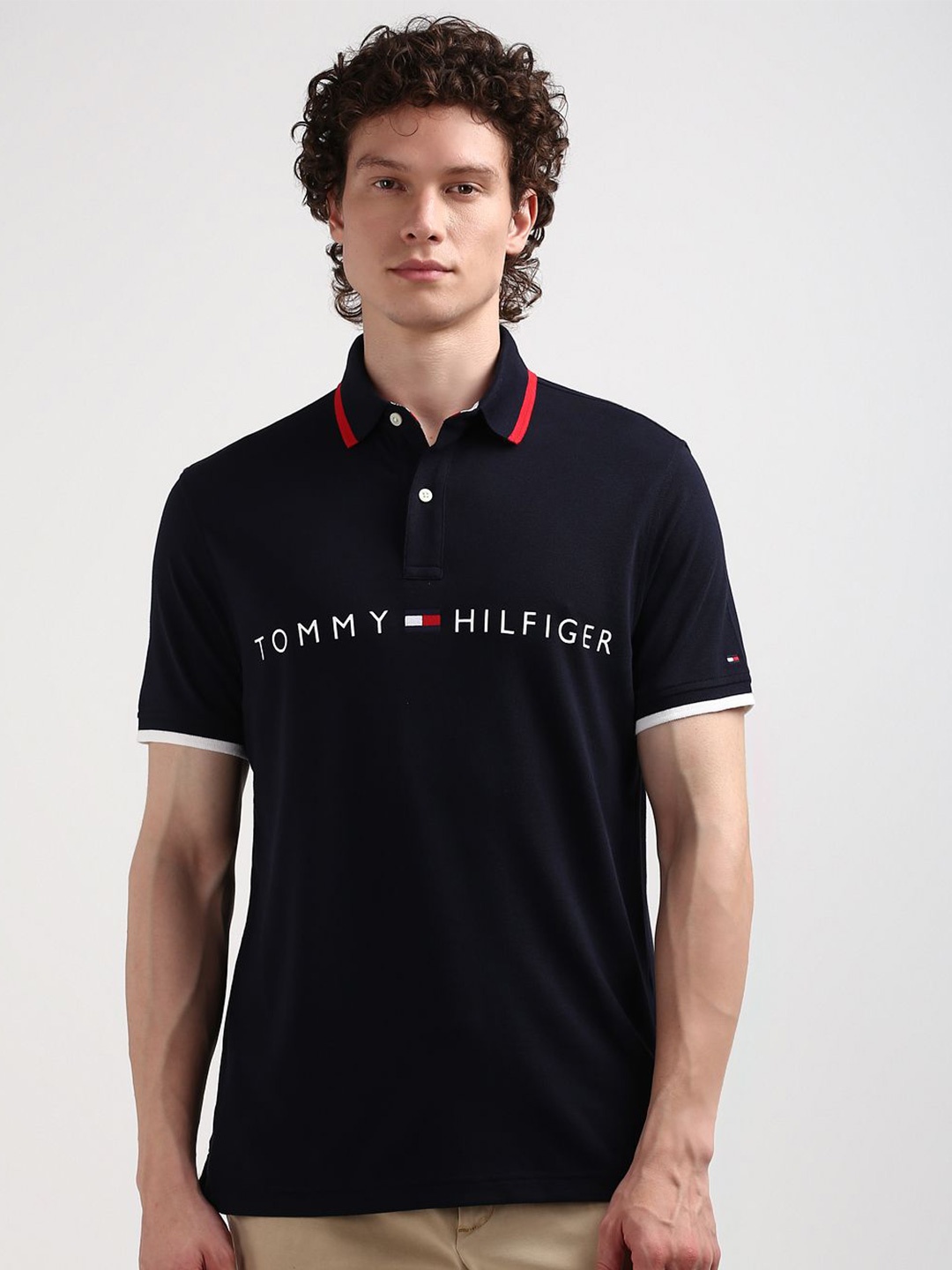 

Tommy Hilfiger Men Typography Polo Collar T-shirt, Navy blue