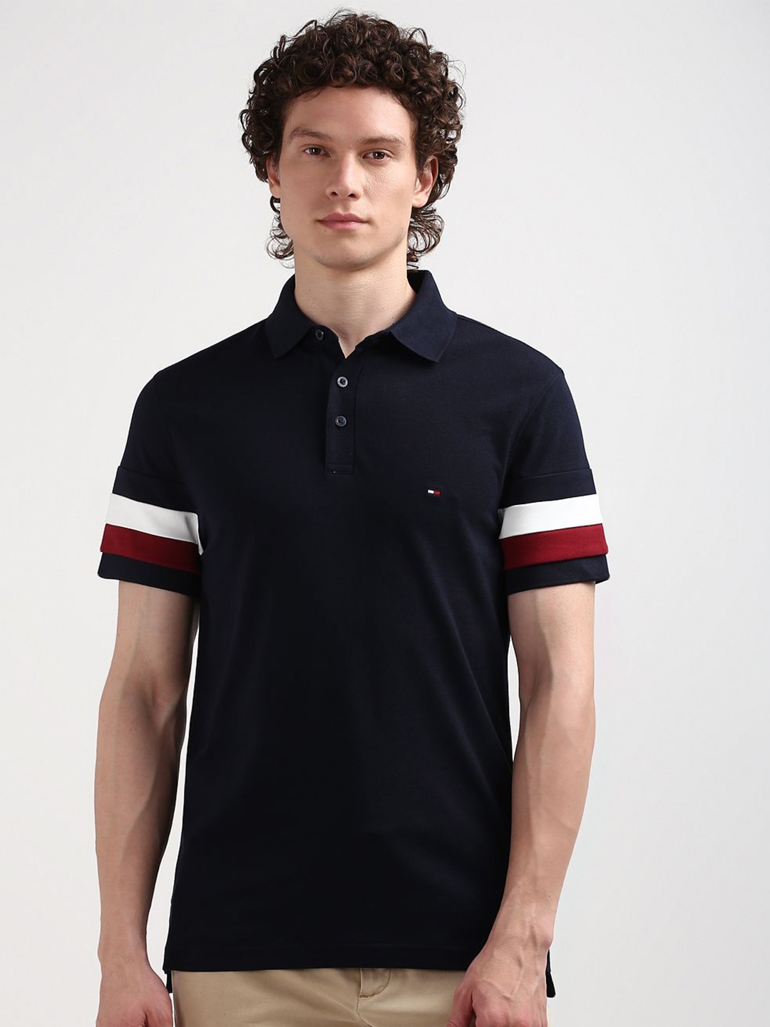 Tommy Hilfiger Men Mandarin Collar Pockets Slim Fit T-shirt, Navy blue