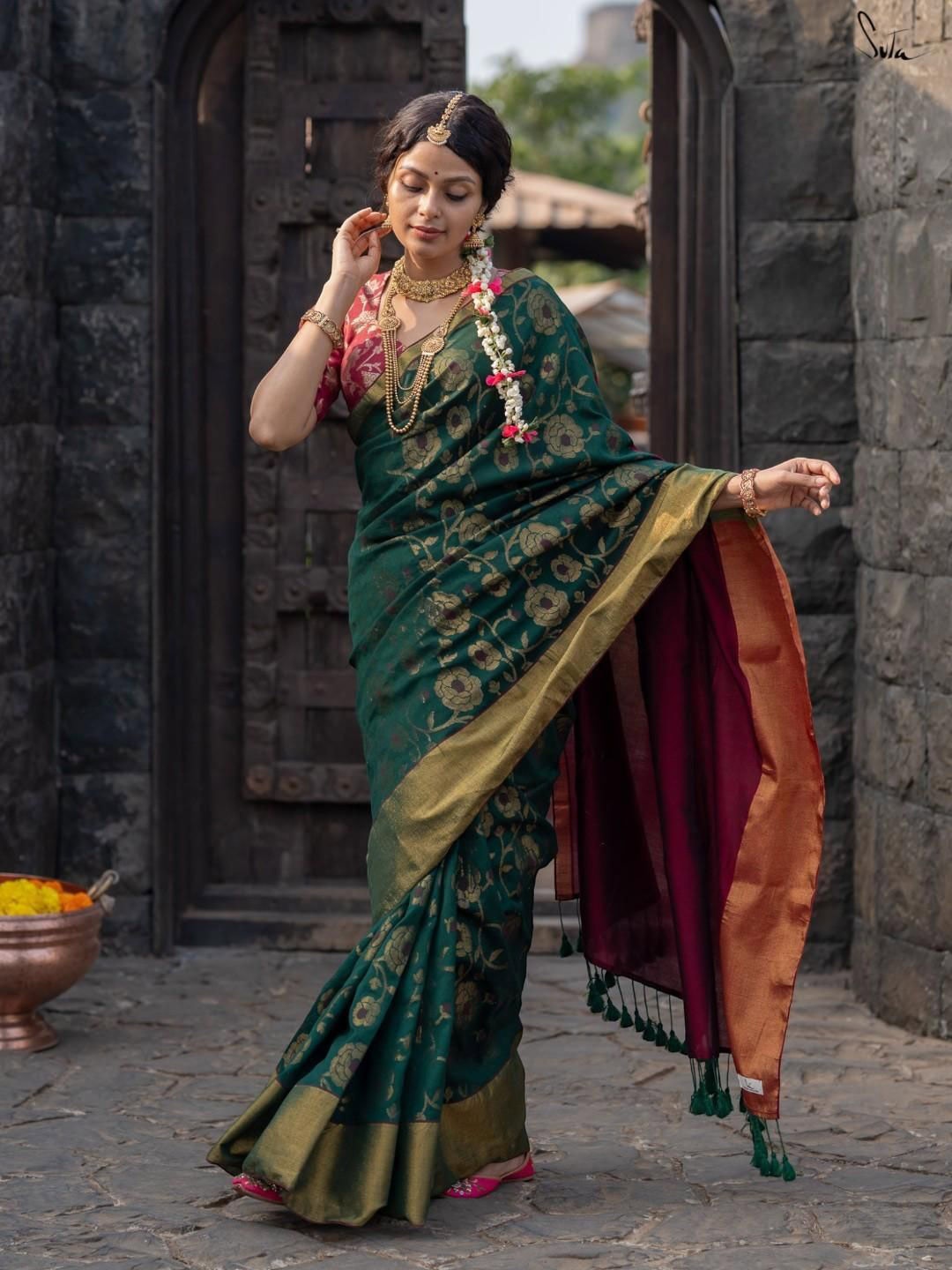 

Suta Floral Zari Saree, Green