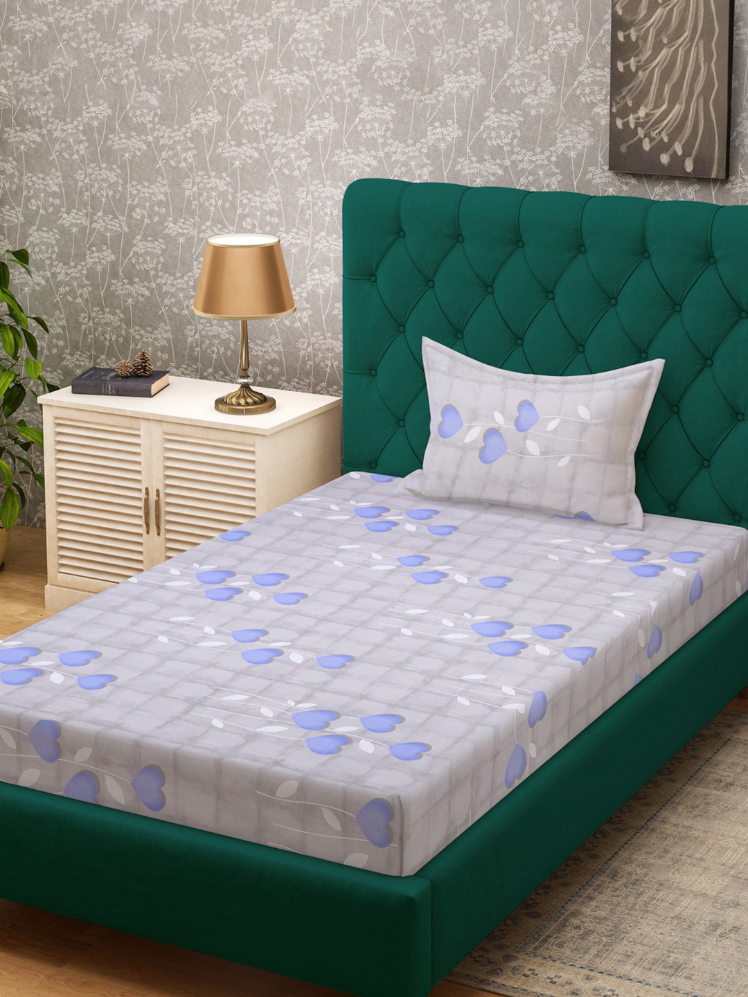 

KLOTTHE Blue Floral Printed Pure Cotton 400 TC Single Bedsheet With Pillow Cover