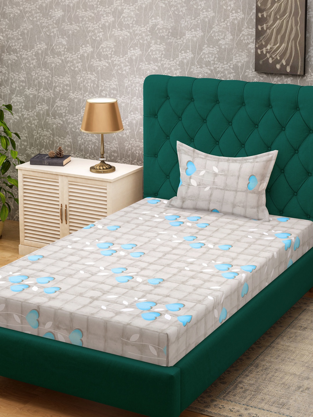 

KLOTTHE Grey & Blue Floral Printed Pure Cotton 400 TC Single Bedsheet With Pillow Cover, Turquoise blue