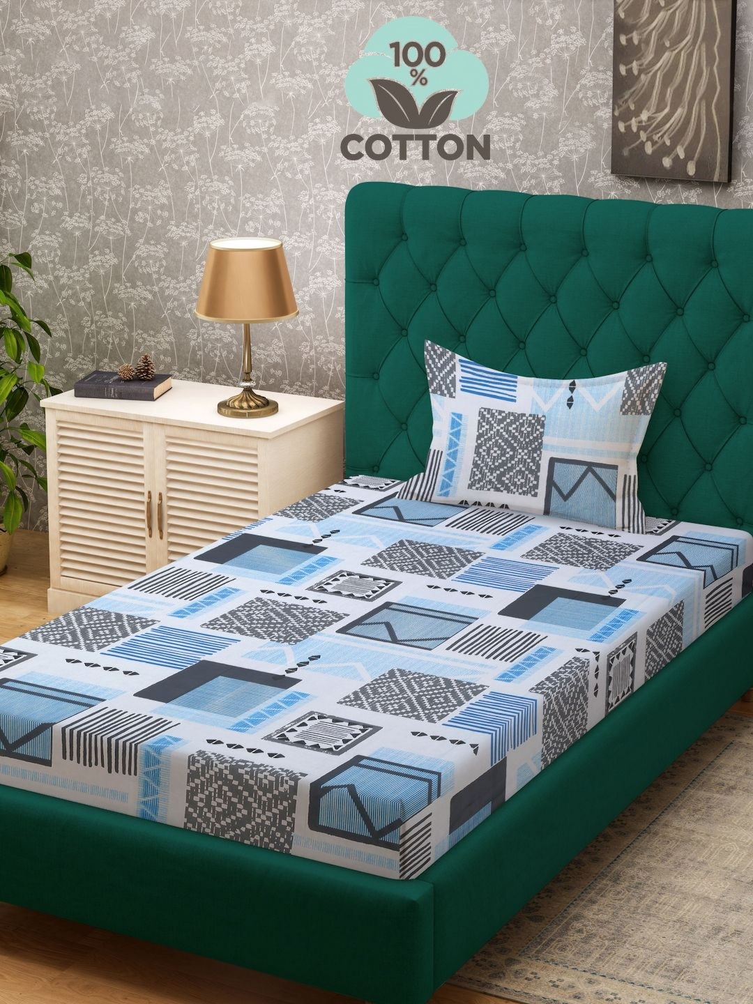 

KLOTTHE Grey & Blue Floral Printed Pure Cotton 400 TC Single Bedsheet With Pillow Cover