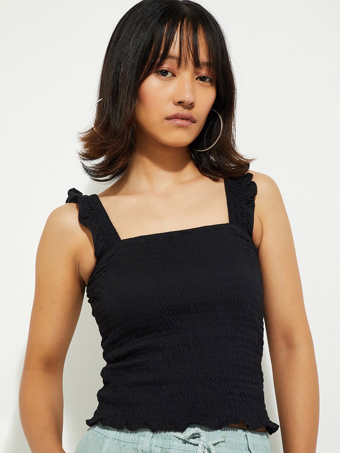 

max URB_N Women Smocked Cropped Top, Black