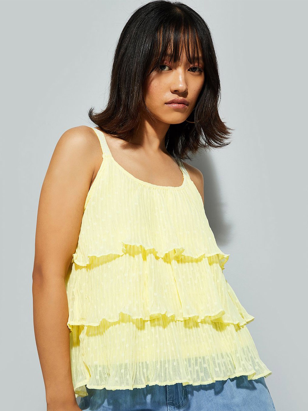 

max URB_N Women Textured Strappy Tiered Top, Yellow