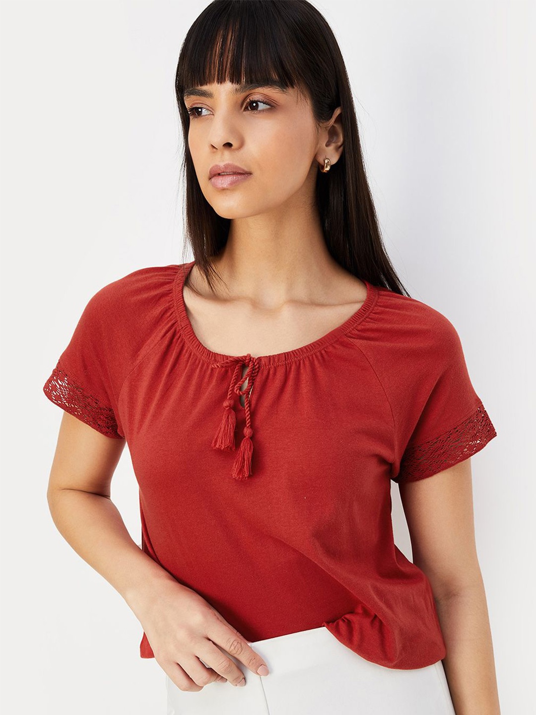 

max Tie-Up Neck Cotton Top, Red