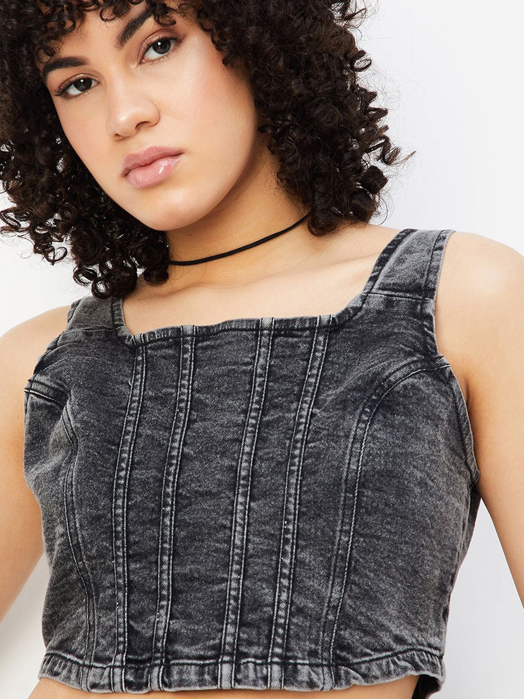 

max Embellished Print Cotton Crop Top, Grey