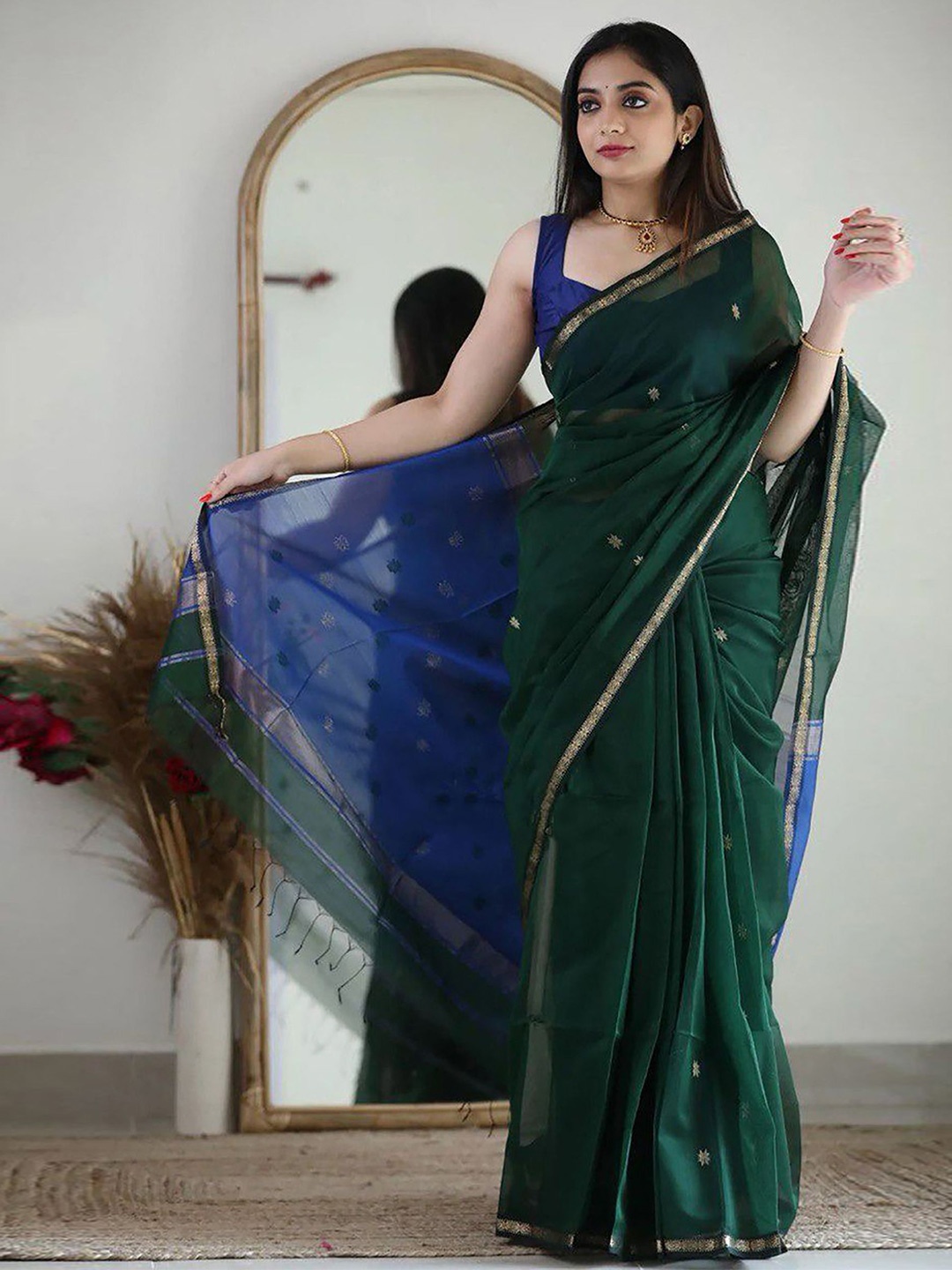 KALINI Woven Design Zari Silk Blend Designer Banarasi Saree, Green