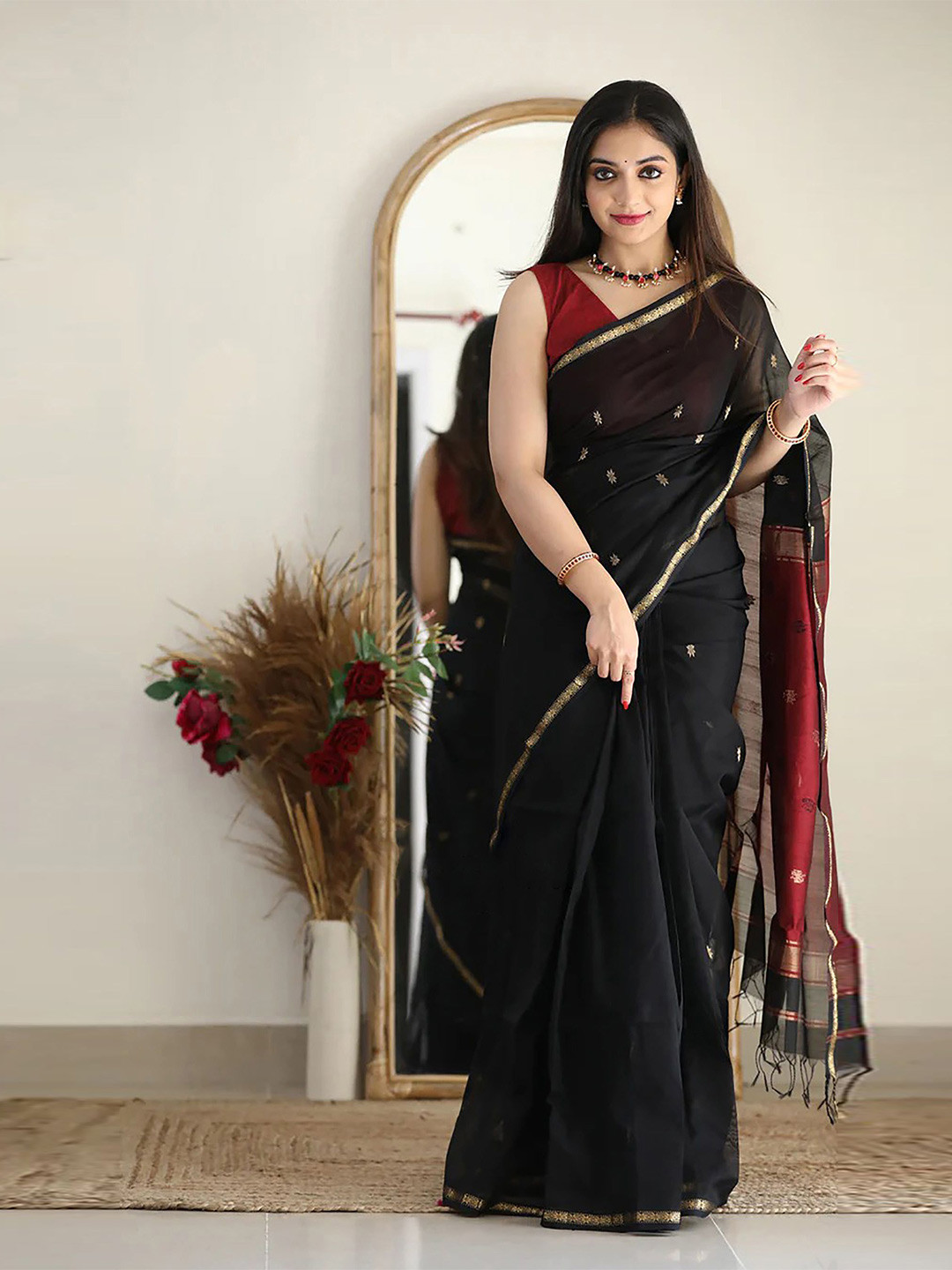 

KALINI Woven Design Zari Silk Blend Banarasi Saree, Black