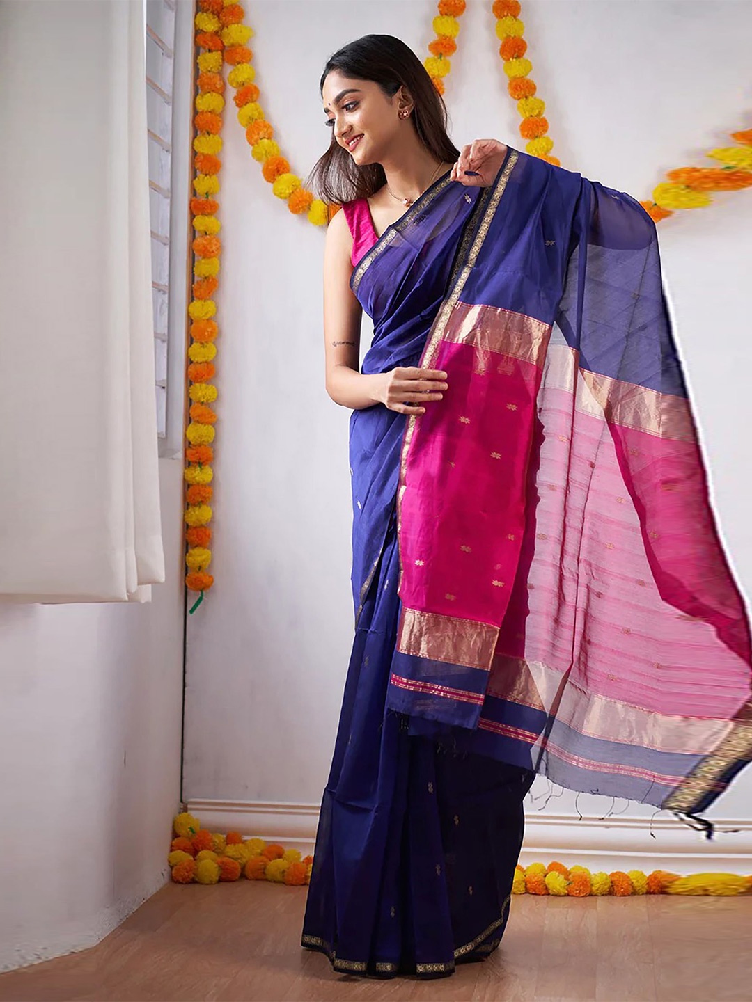 KALINI Woven Design Zari Silk Blend Banarasi Saree, Blue