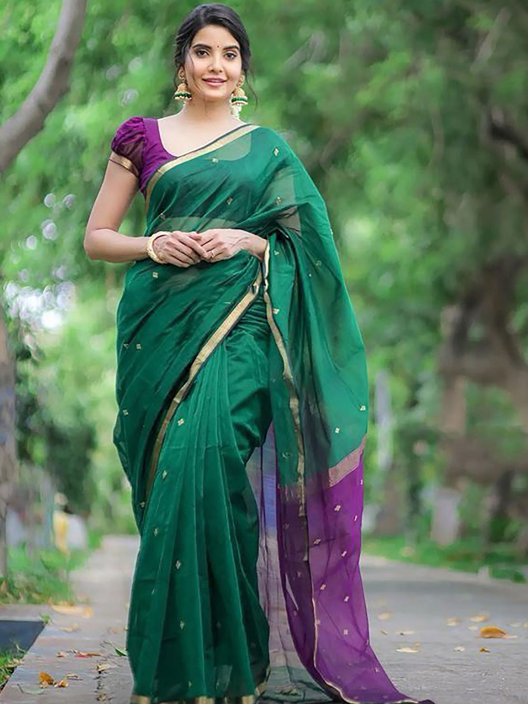 KALINI Woven Design Zari Silk Blend Banarasi Saree, Green