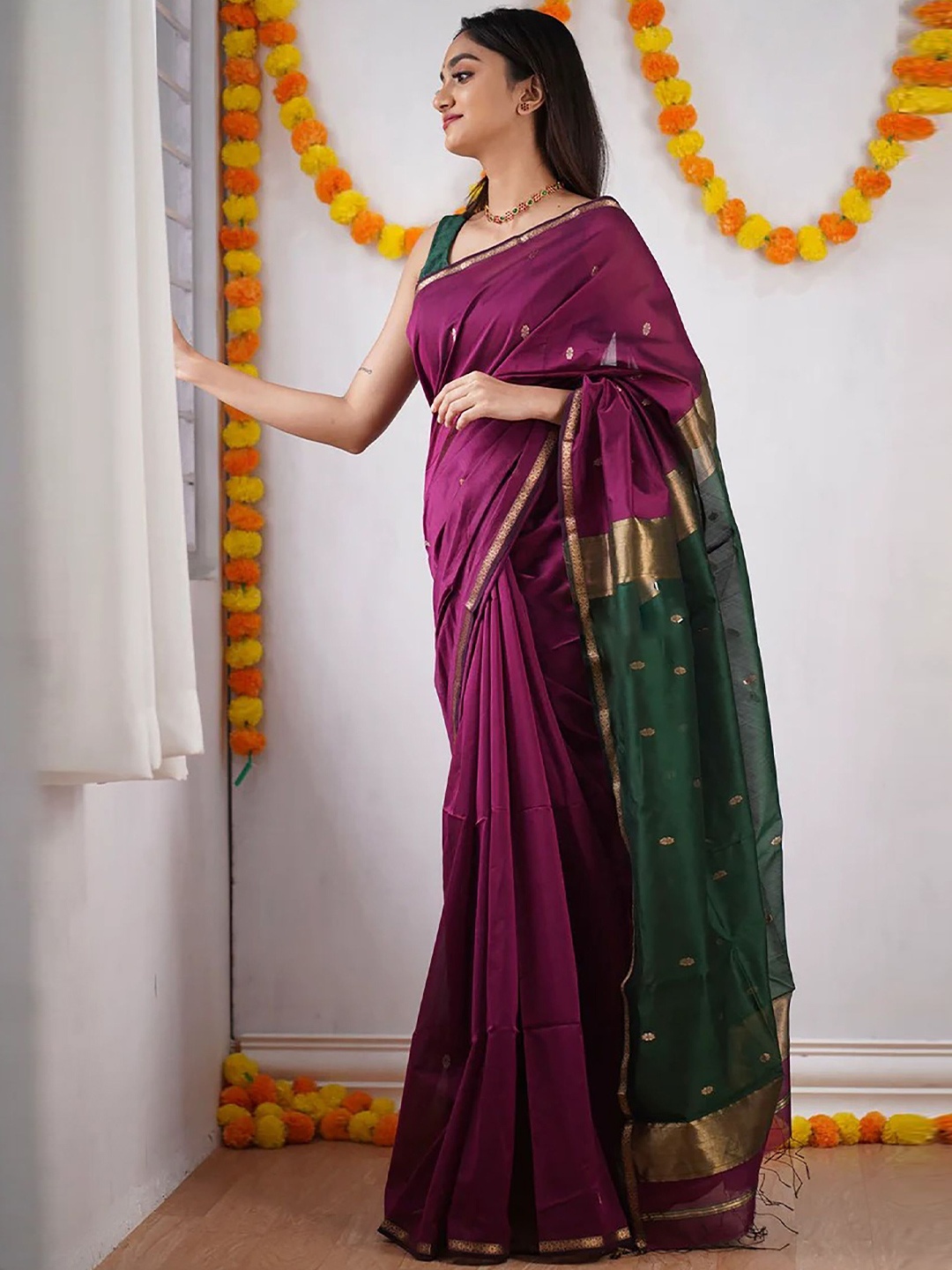 

KALINI Woven Design Zari Silk Blend Designer Banarasi Saree, Maroon