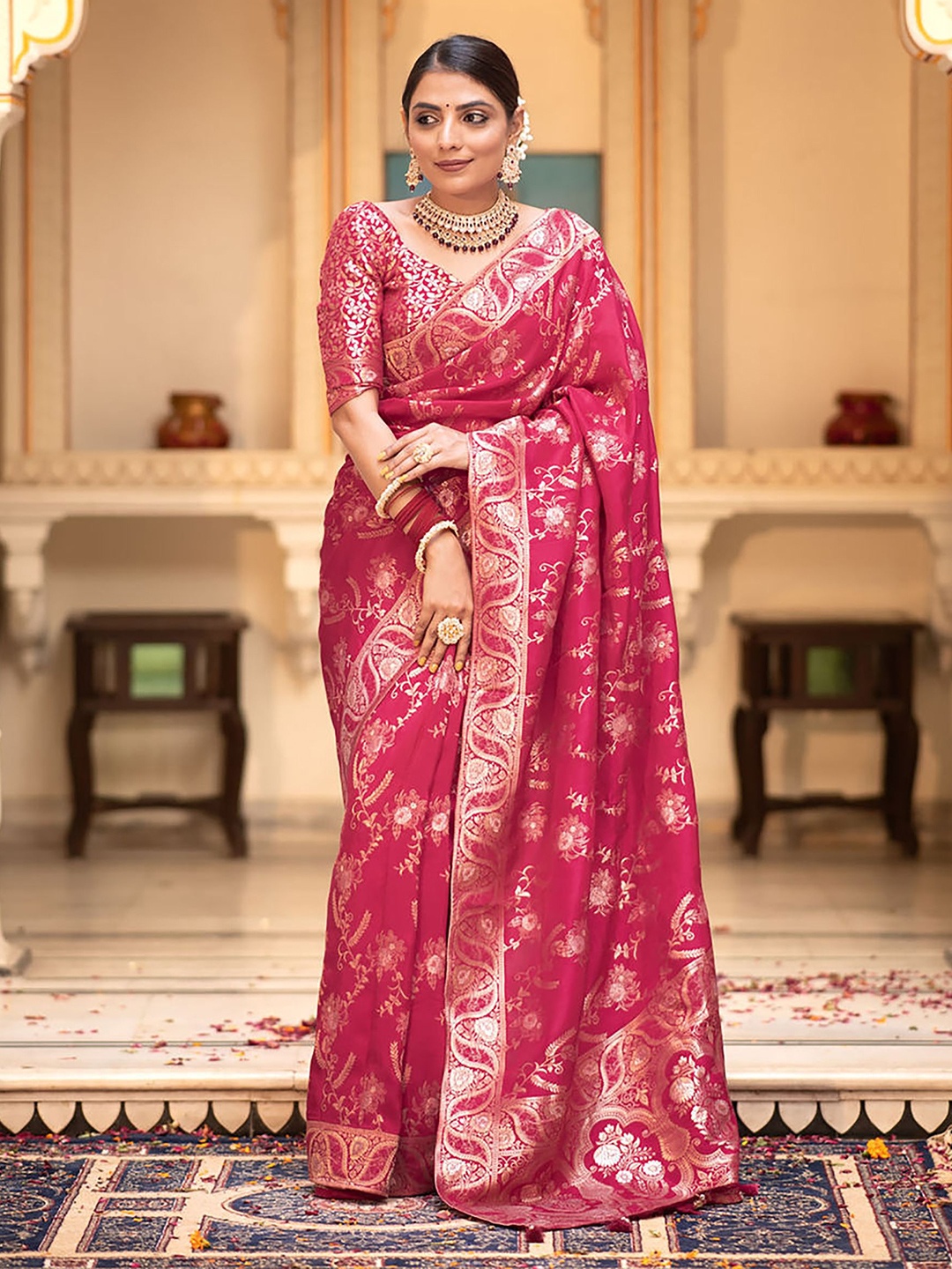 

KALINI Woven Design Zari Silk Blend Banarasi Saree, Pink